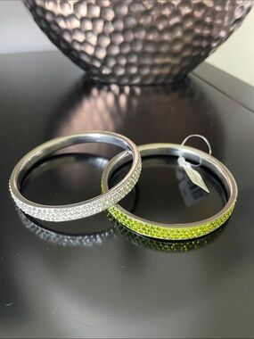 Crystal Pavé Silver Bangle Bracelet - Silver & Lime Green